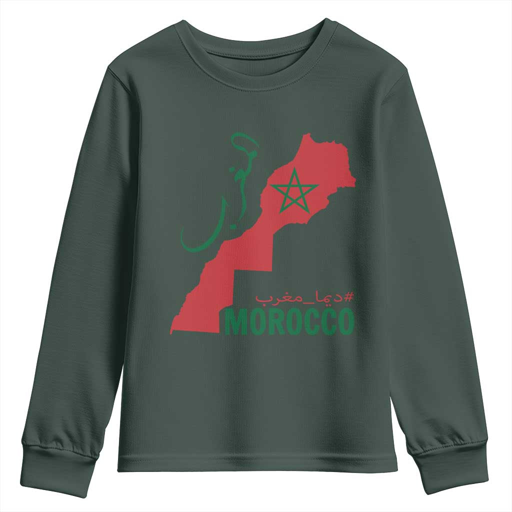 Morocco Map Dima Maghrib with Arabic Calligraphy Youth Sweatshirt Maghreb Traditional Moroccan Roots Graphic
