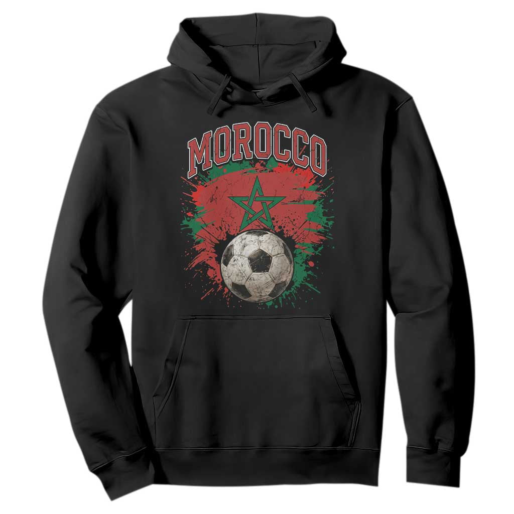 Vintage Morocco Flag Soccer Splatter Graphic Hoodie Patriotic Moroccan Football Fans National Pride Sports