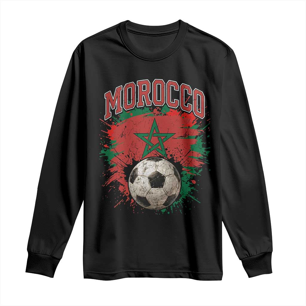 Vintage Morocco Flag Soccer Splatter Graphic Long Sleeve Shirt Patriotic Moroccan Football Fans National Pride Sports
