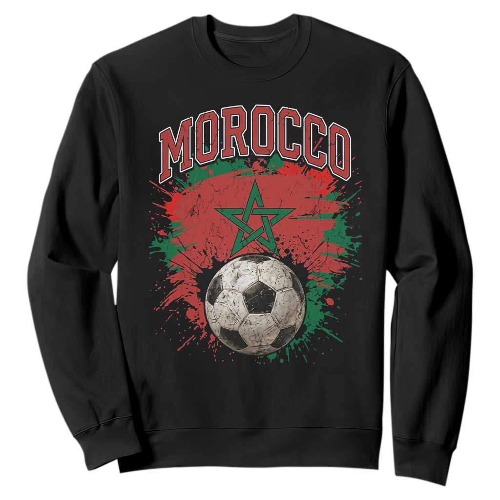 Vintage Morocco Flag Soccer Splatter Graphic Sweatshirt Patriotic Moroccan Football Fans National Pride Sports