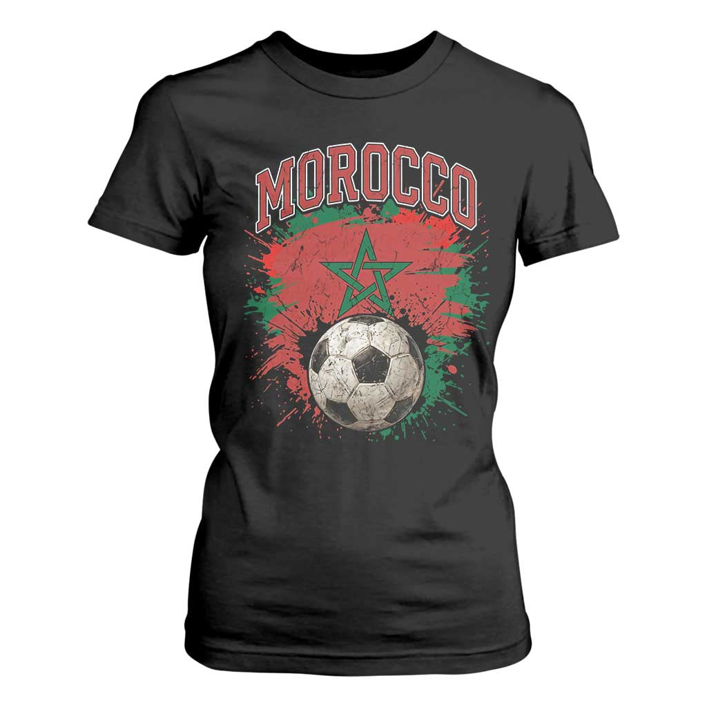 Vintage Morocco Flag Soccer Splatter Graphic T Shirt For Women Patriotic Moroccan Football Fans National Pride Sports