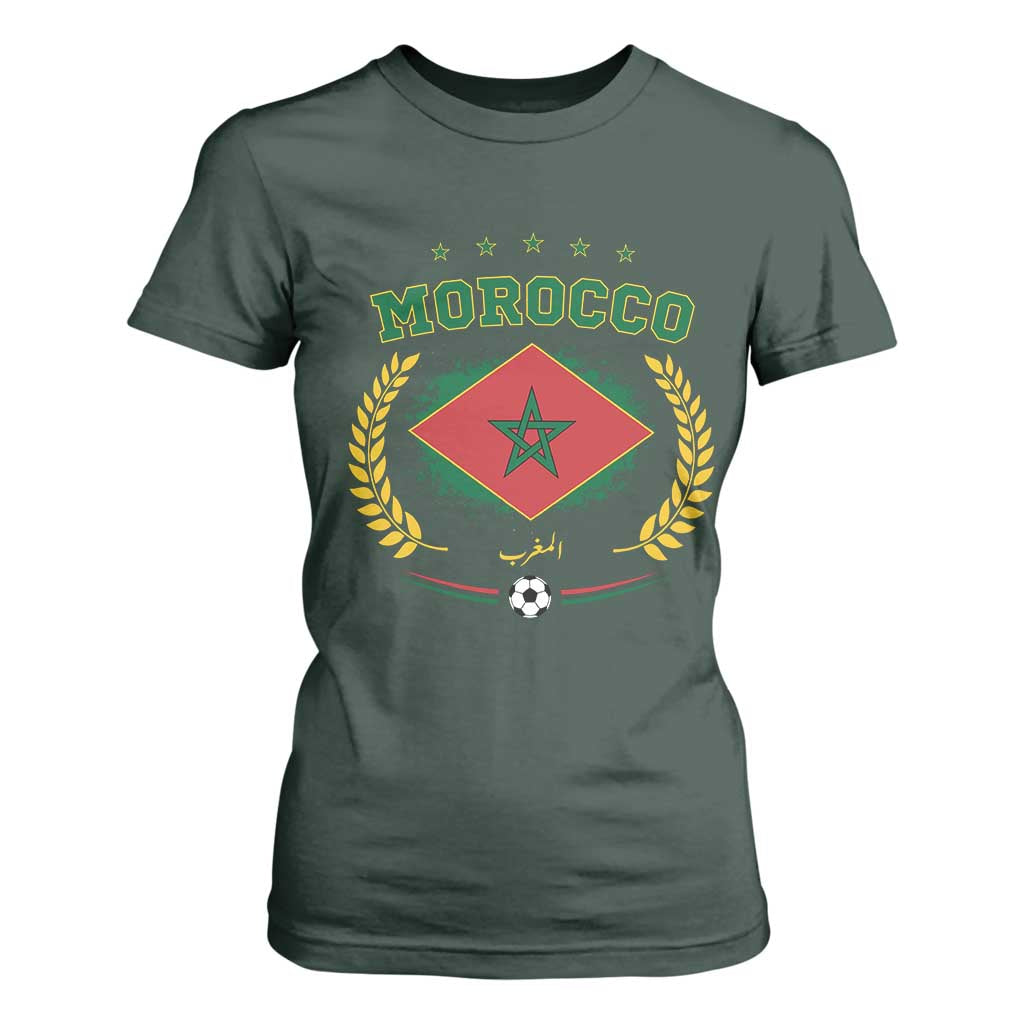 Morocco Football Laurel Wreath Crest Graphic T Shirt For Women Proud Moroccan Soccer Star Emblem Sports Fans