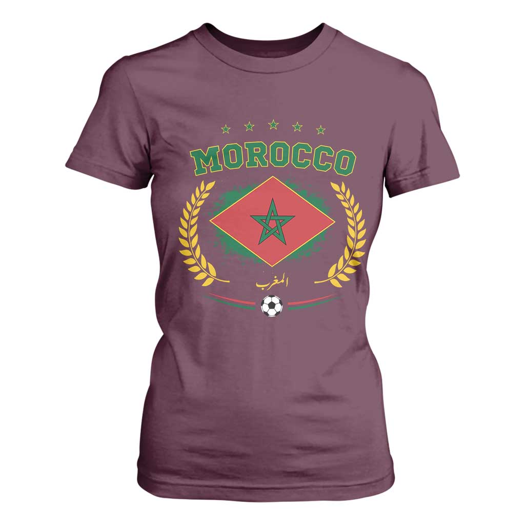 Morocco Football Laurel Wreath Crest Graphic T Shirt For Women Proud Moroccan Soccer Star Emblem Sports Fans