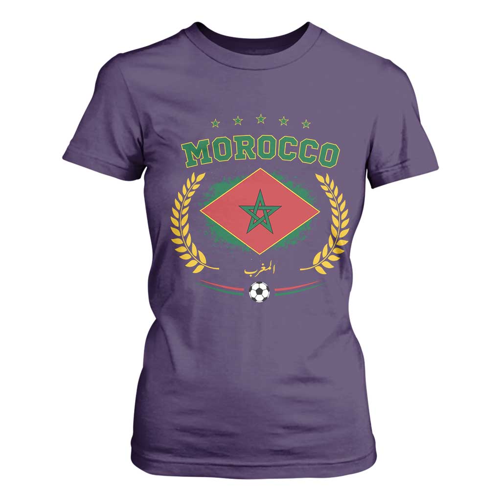 Morocco Football Laurel Wreath Crest Graphic T Shirt For Women Proud Moroccan Soccer Star Emblem Sports Fans