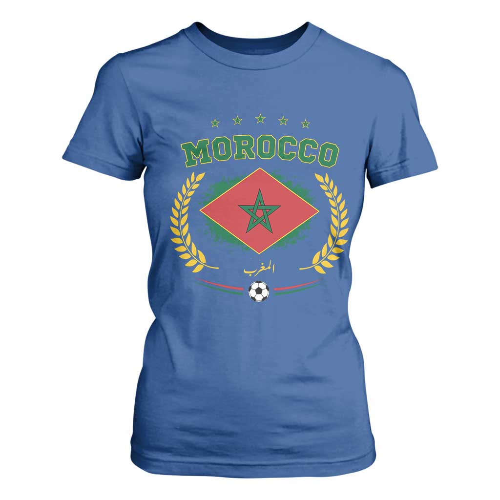 Morocco Football Laurel Wreath Crest Graphic T Shirt For Women Proud Moroccan Soccer Star Emblem Sports Fans
