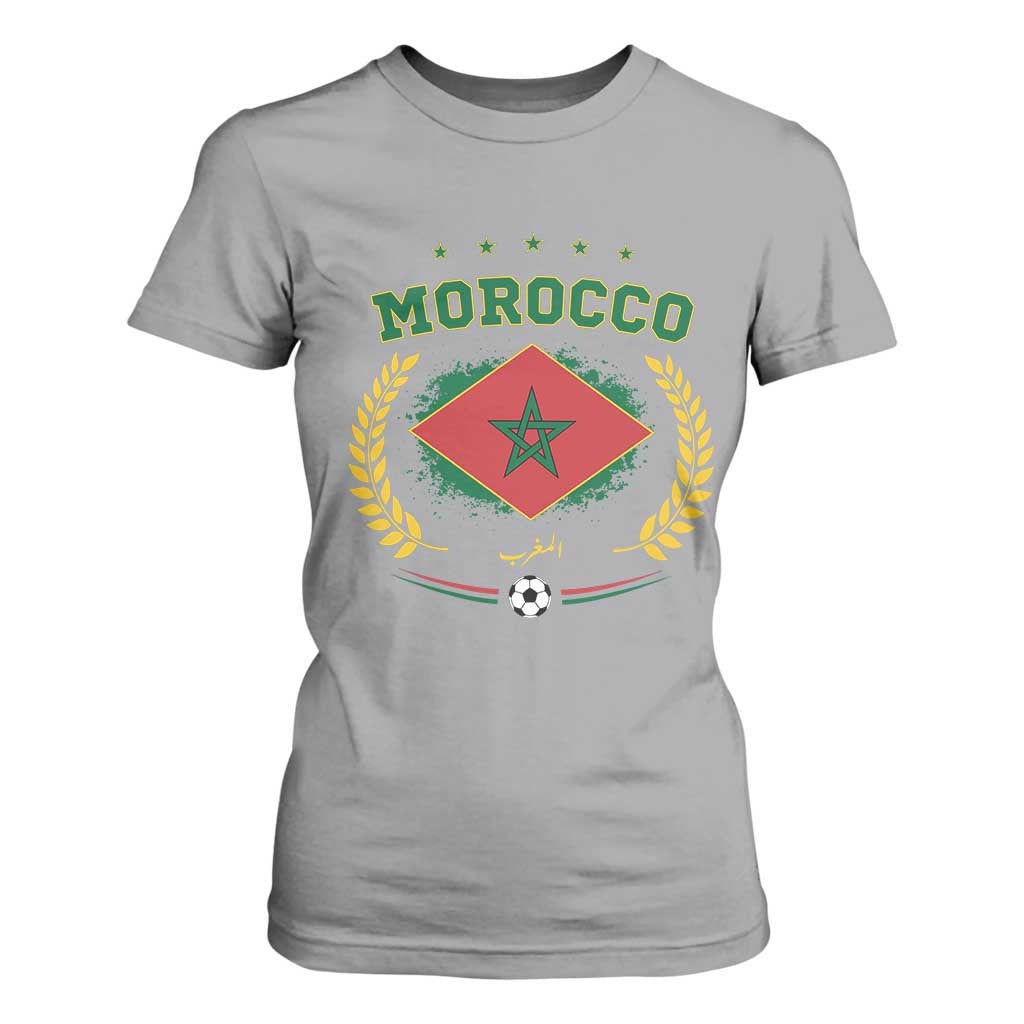 Morocco Football Laurel Wreath Crest Graphic T Shirt For Women Proud Moroccan Soccer Star Emblem Sports Fans