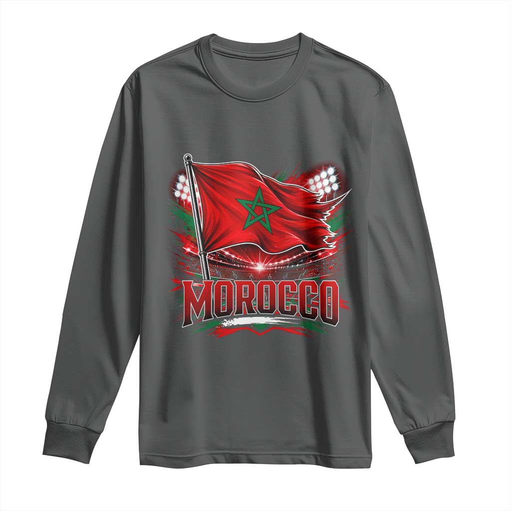 Waving Morocco Flag Stadium Lights Long Sleeve Shirt Patriotic Moroccan Soccer Fans