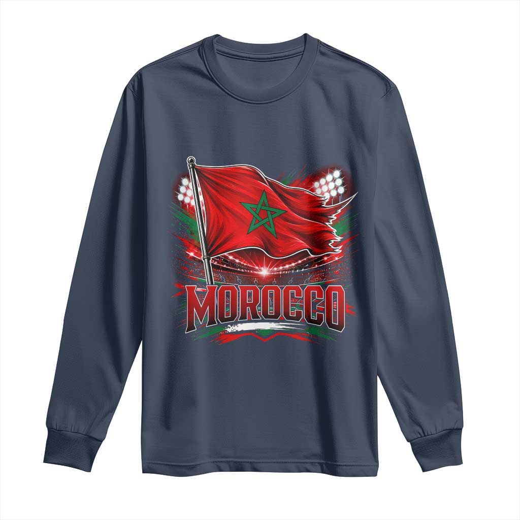 Waving Morocco Flag Stadium Lights Long Sleeve Shirt Patriotic Moroccan Soccer Fans