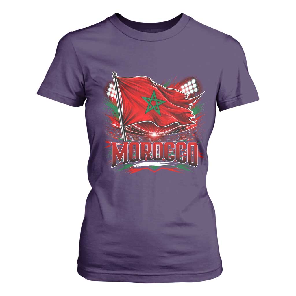 Waving Morocco Flag Stadium Lights T Shirt For Women Patriotic Moroccan Soccer Fans