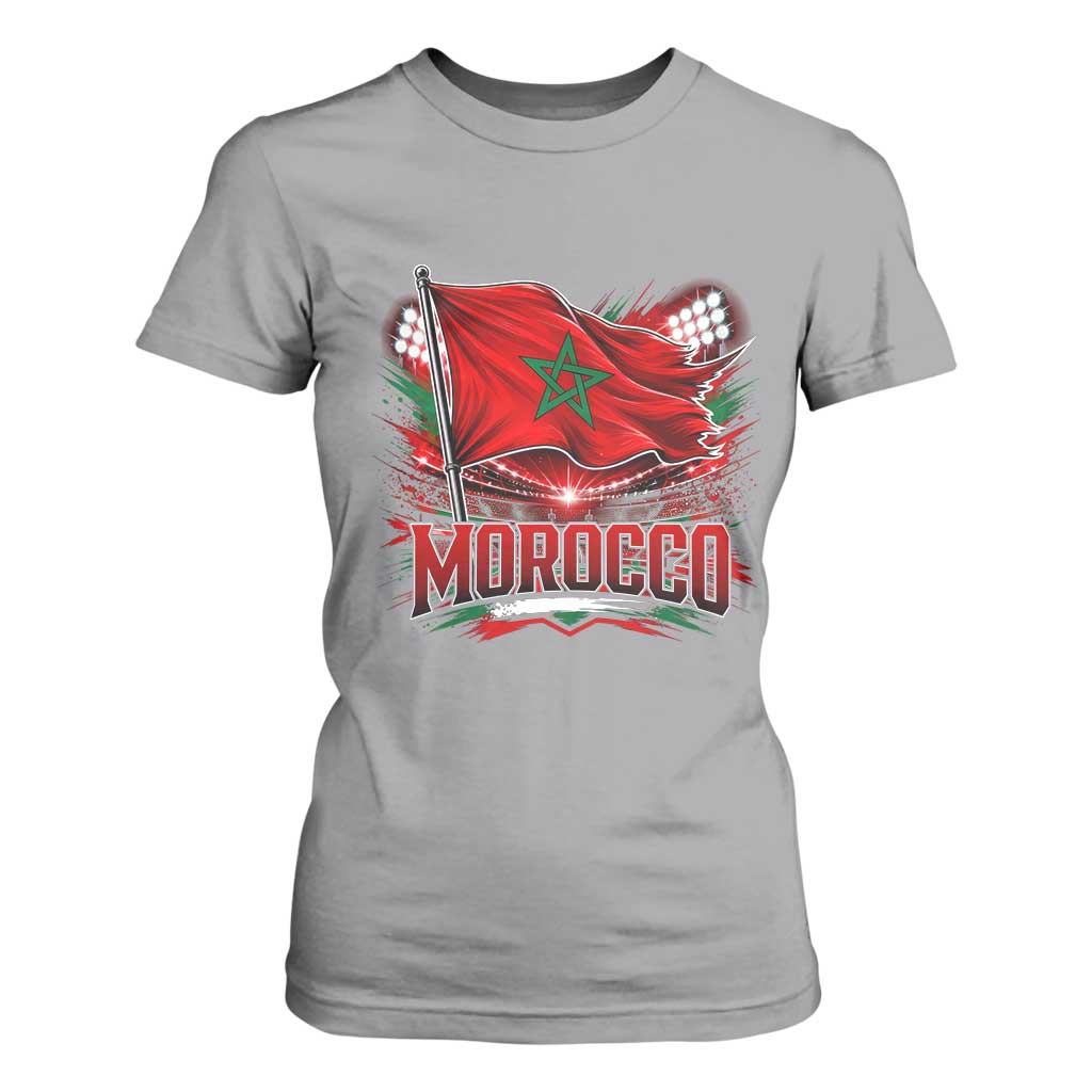 Waving Morocco Flag Stadium Lights T Shirt For Women Patriotic Moroccan Soccer Fans
