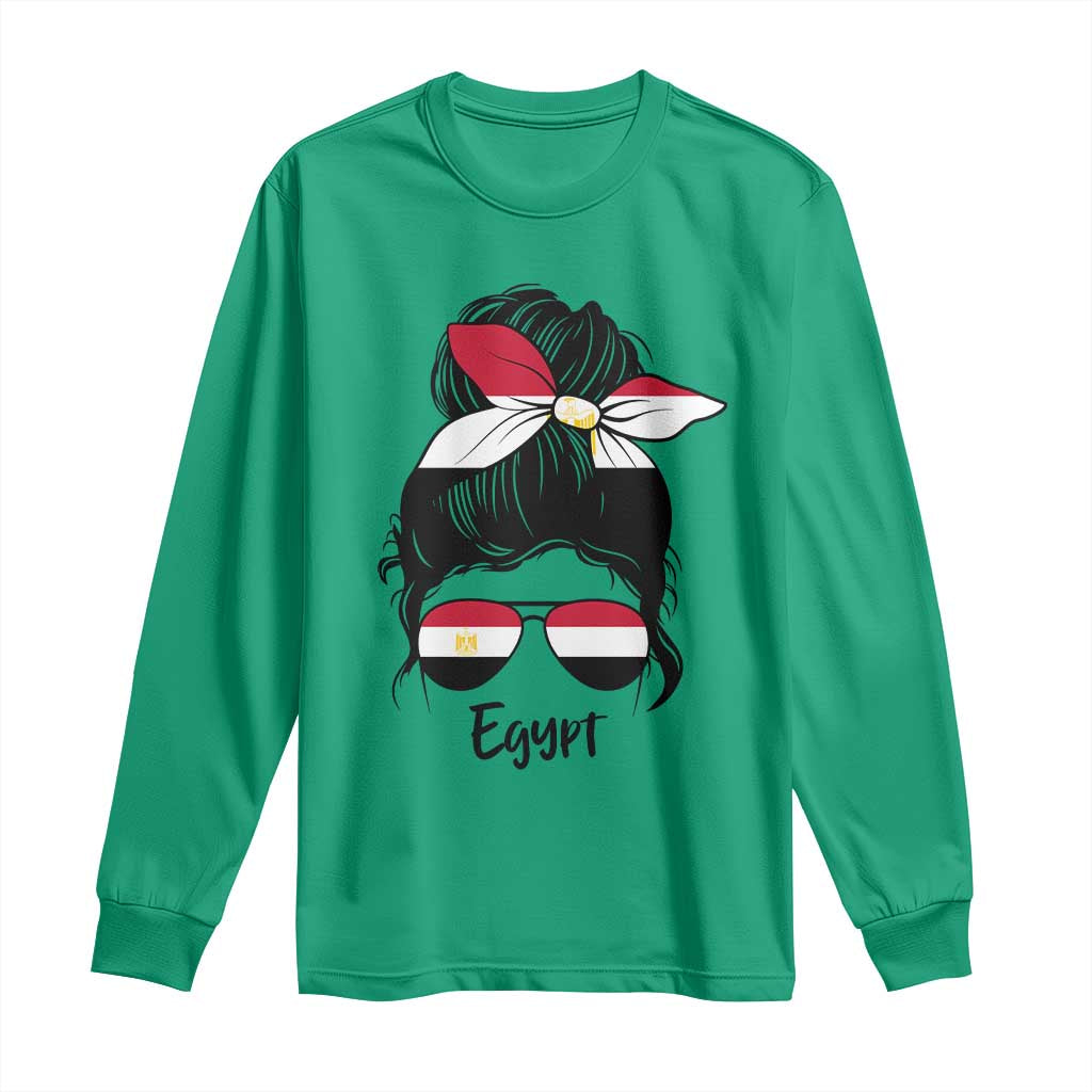 Egyptian Flag Messy Bun Girl Long Sleeve Shirt Patriotic Egypt Women