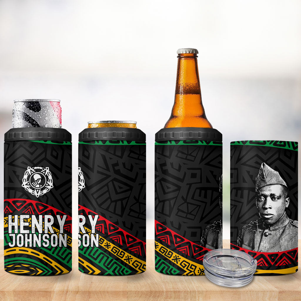 Henry Johnson Black History Month 4 in 1 Can Cooler Tumbler Pan African Colors Tribal Geometric Pattern