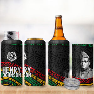 Henry Johnson Black History Month 4 in 1 Can Cooler Tumbler Pan African Colors Tribal Geometric Pattern