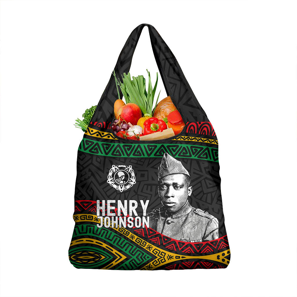 Henry Johnson Black History Month Grocery Bag Pan African Colors Tribal Geometric Pattern