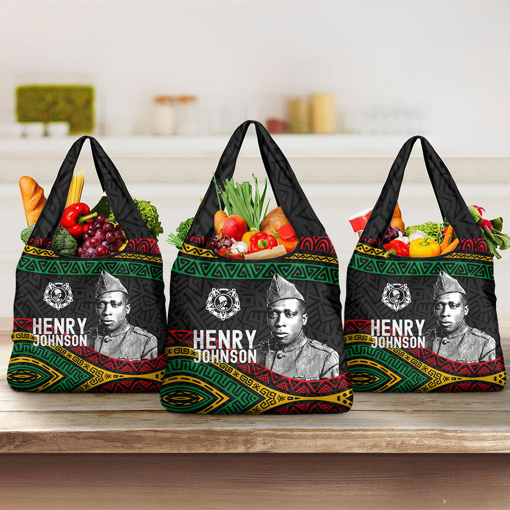 Henry Johnson Black History Month Grocery Bag Pan African Colors Tribal Geometric Pattern