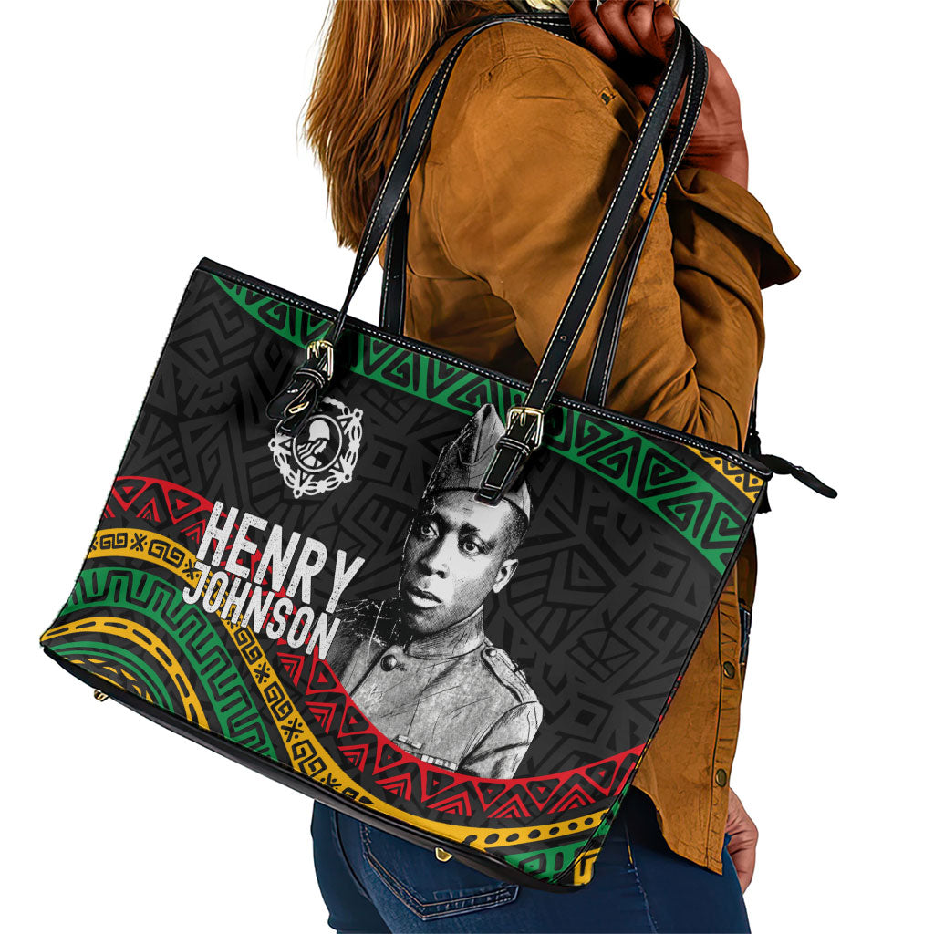 Henry Johnson Black History Month Leather Tote Bag Pan African Colors Tribal Geometric Pattern