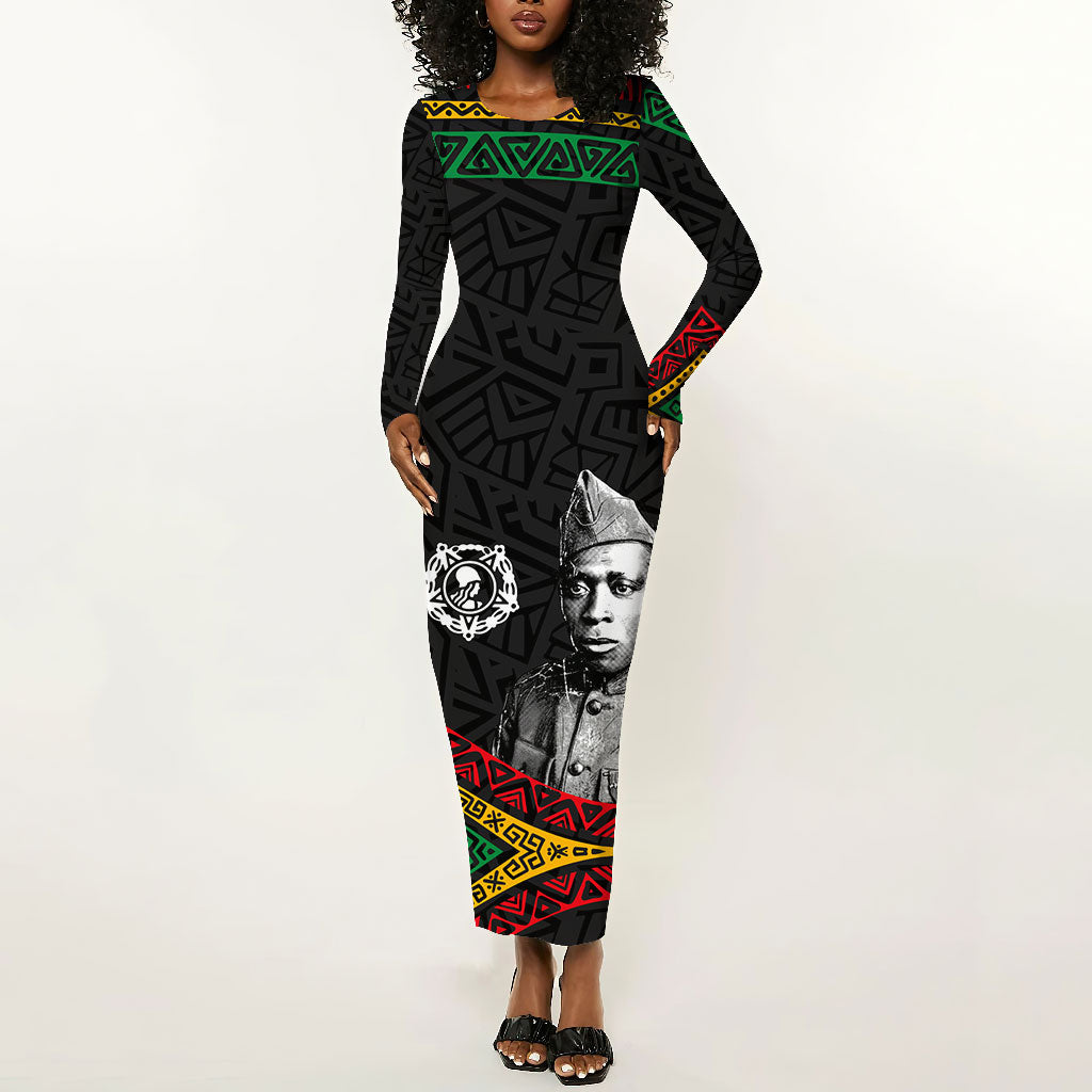 Henry Johnson Black History Month Long Sleeve Bodycon Dress Pan African Colors Tribal Geometric Pattern