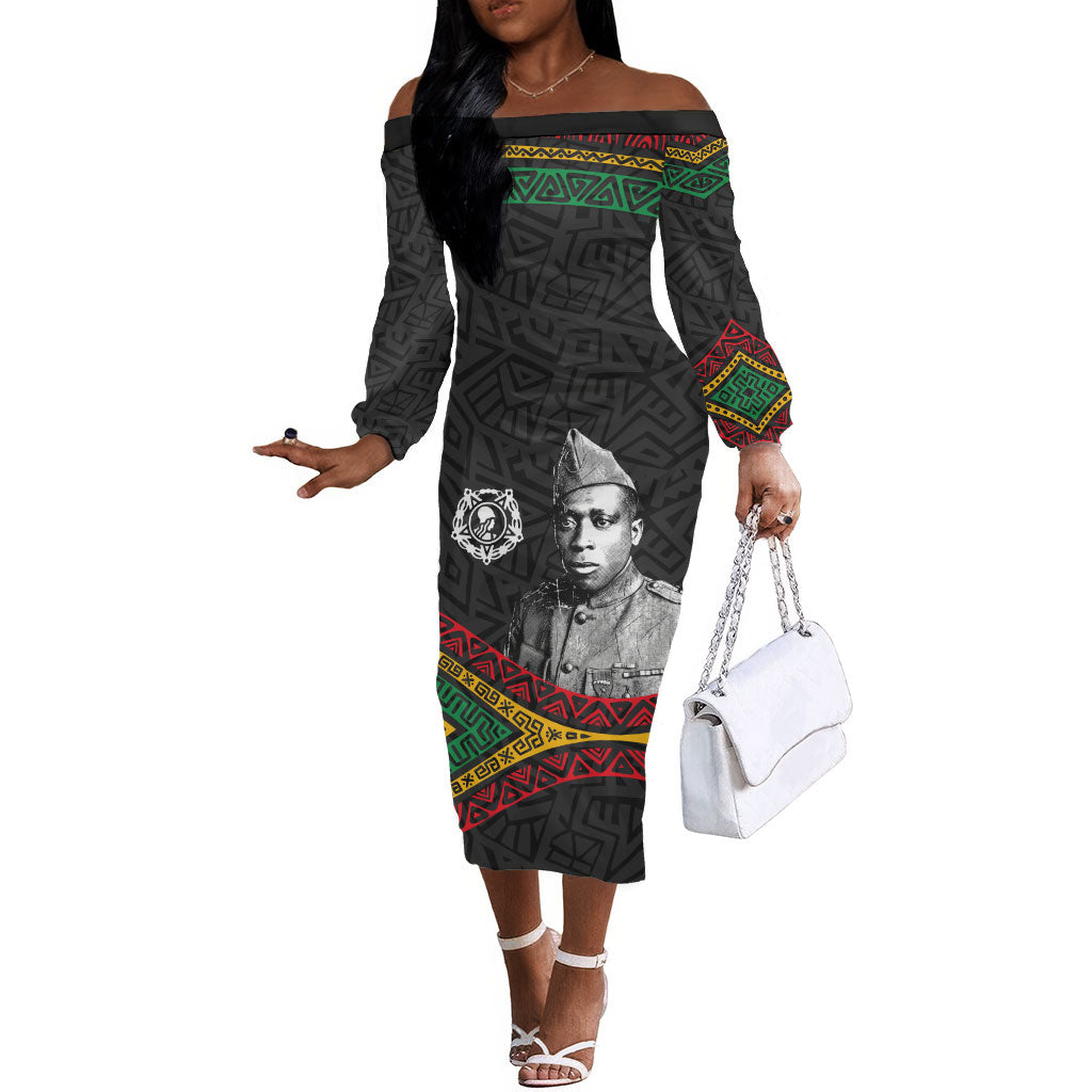 Henry Johnson Black History Month Off The Shoulder Long Sleeve Dress Pan African Colors Tribal Geometric Pattern