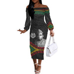 Henry Johnson Black History Month Off The Shoulder Long Sleeve Dress Pan African Colors Tribal Geometric Pattern