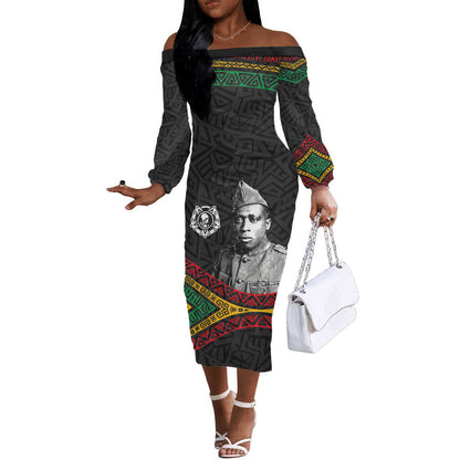 Henry Johnson Black History Month Off The Shoulder Long Sleeve Dress Pan African Colors Tribal Geometric Pattern