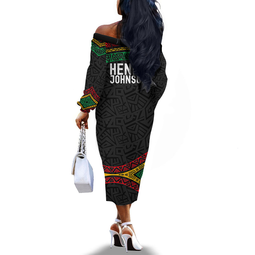 Henry Johnson Black History Month Off The Shoulder Long Sleeve Dress Pan African Colors Tribal Geometric Pattern