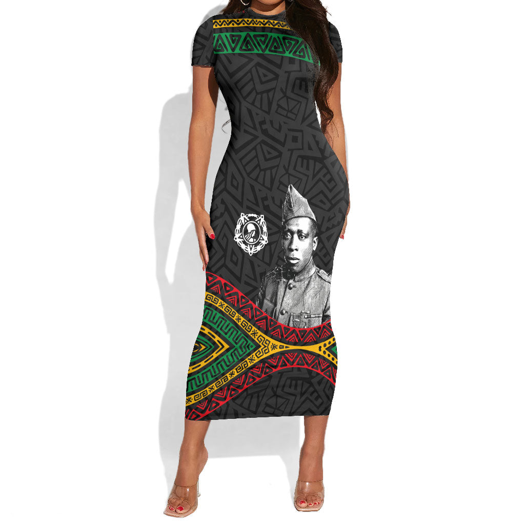 Henry Johnson Black History Month Short Sleeve Bodycon Dress Pan African Colors Tribal Geometric Pattern