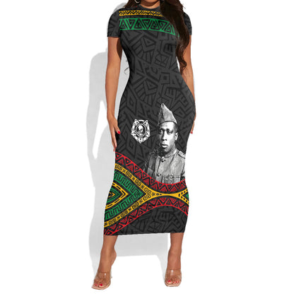 Henry Johnson Black History Month Short Sleeve Bodycon Dress Pan African Colors Tribal Geometric Pattern