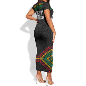 Henry Johnson Black History Month Short Sleeve Bodycon Dress Pan African Colors Tribal Geometric Pattern