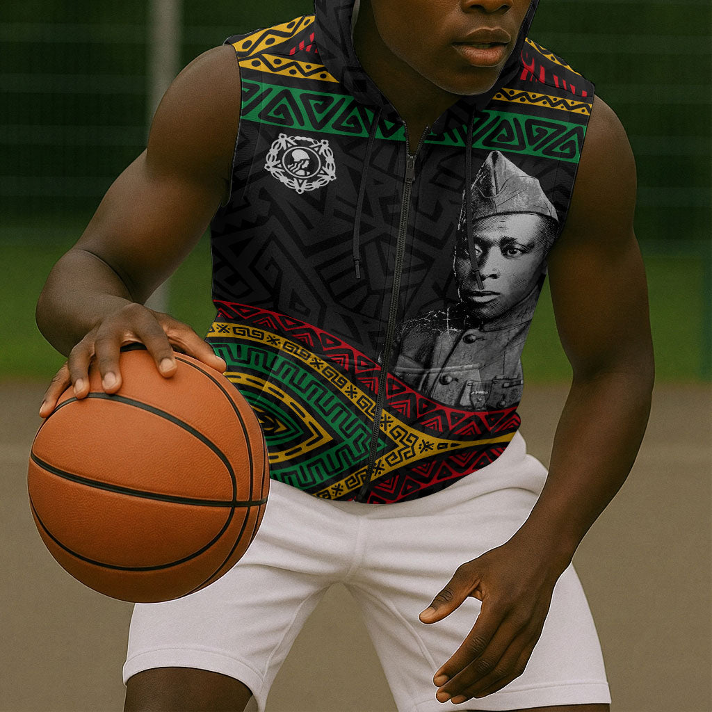 Henry Johnson Black History Month Sleeveless Zip Hoodie Pan African Colors Tribal Geometric Pattern