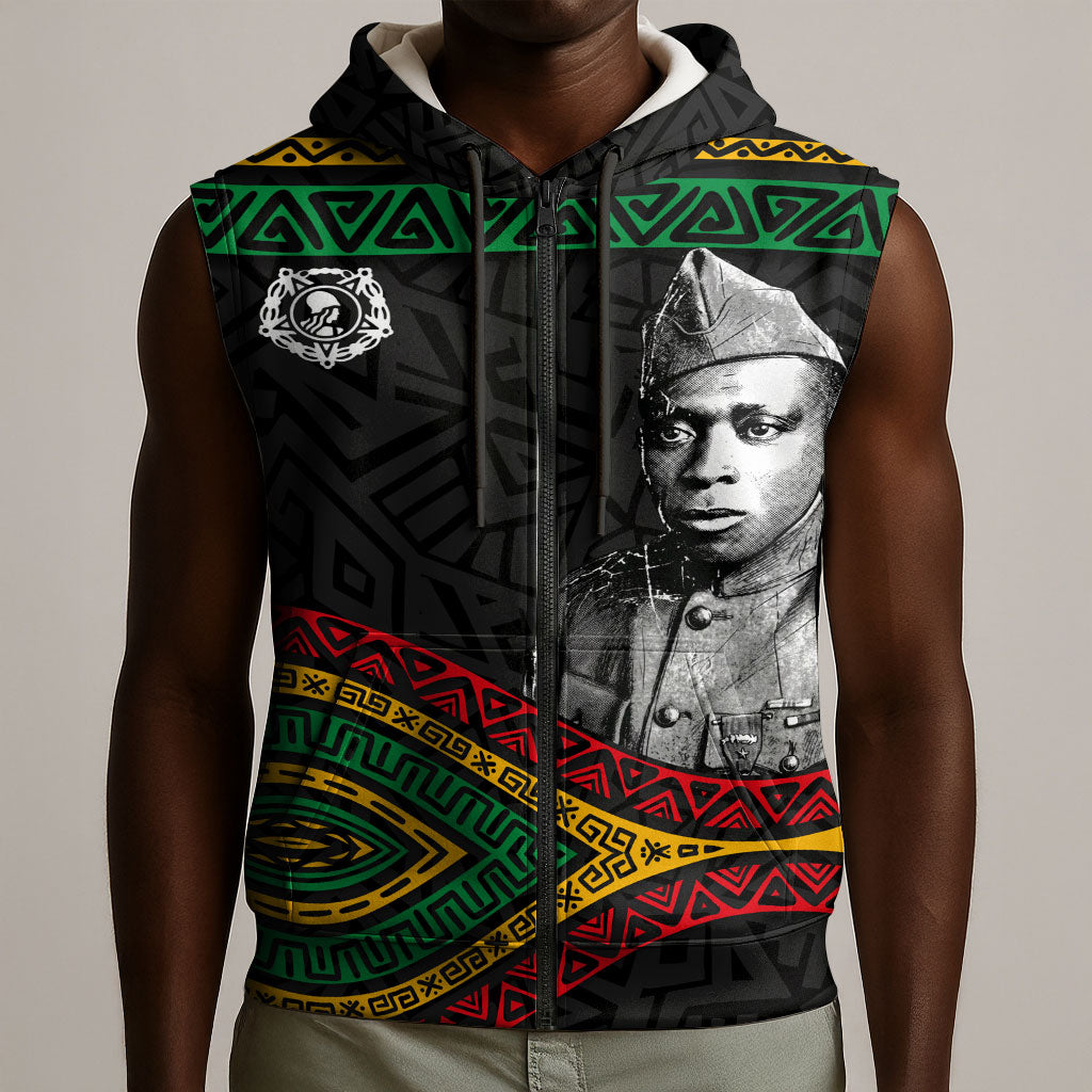 Henry Johnson Black History Month Sleeveless Zip Hoodie Pan African Colors Tribal Geometric Pattern
