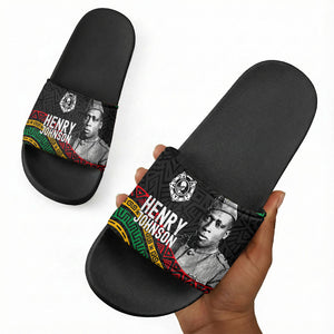 Henry Johnson Black History Month Slide Sandals Pan African Colors Tribal Geometric Pattern