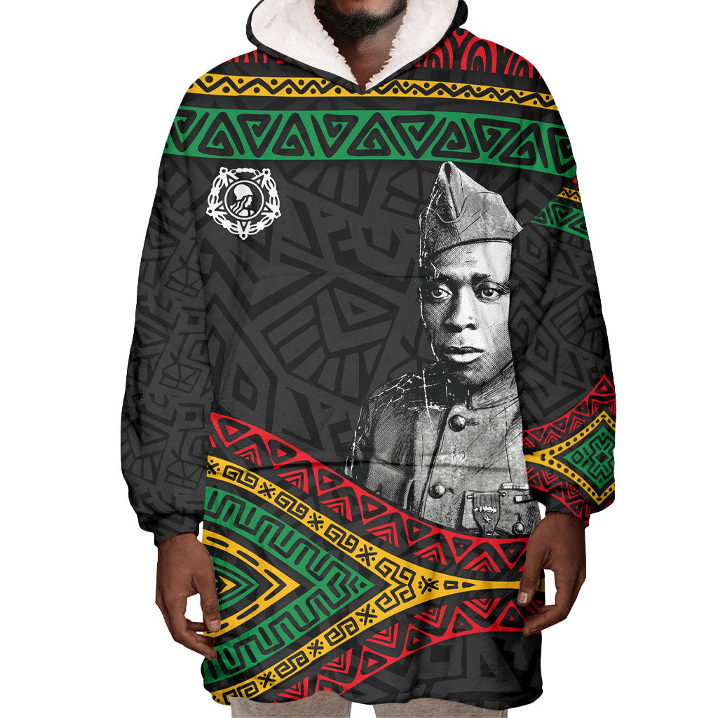 Henry Johnson Black History Month Wearable Blanket Hoodie Pan African Colors Tribal Geometric Pattern