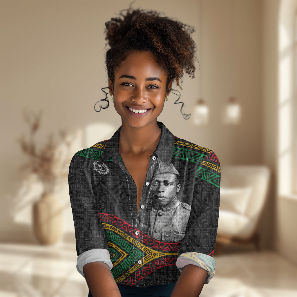 Henry Johnson Black History Month Women Casual Shirt Pan African Colors Tribal Geometric Pattern