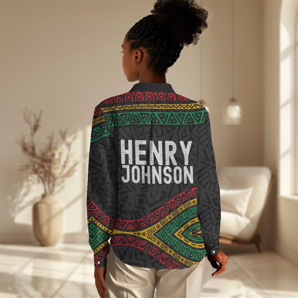 Henry Johnson Black History Month Women Casual Shirt Pan African Colors Tribal Geometric Pattern