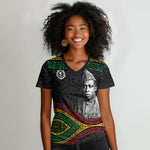 Henry Johnson Black History Month Women V-Neck T-Shirt Pan African Colors Tribal Geometric Pattern