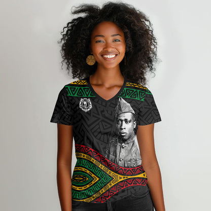 Henry Johnson Black History Month Women V-Neck T-Shirt Pan African Colors Tribal Geometric Pattern
