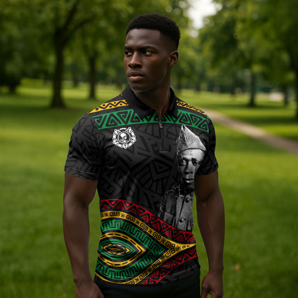 Henry Johnson Black History Month Zipper Polo Shirt Pan African Colors Tribal Geometric Pattern