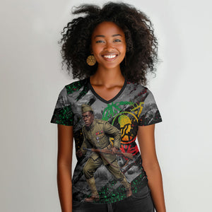 Henry Johnson Black History Month Women V-Neck T-Shirt Harlem Hellfighters Pan African Grunge Art