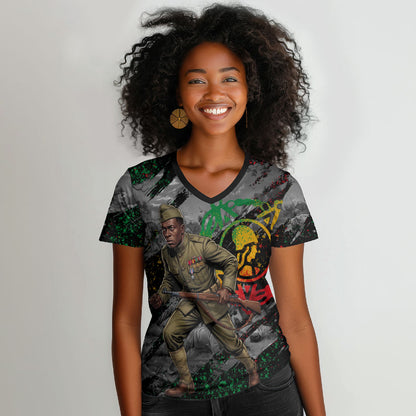 Henry Johnson Black History Month Women V-Neck T-Shirt Harlem Hellfighters Pan African Grunge Art