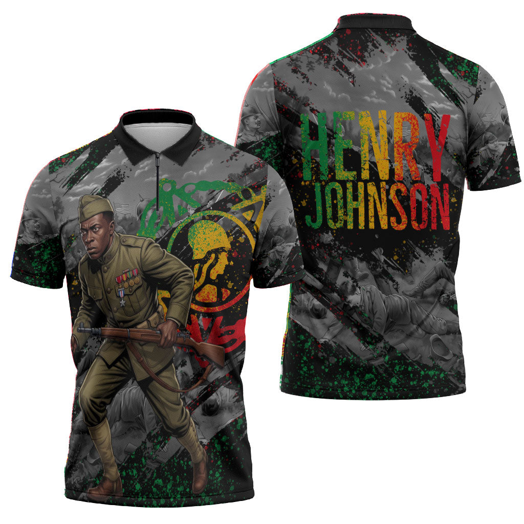 Henry Johnson Black History Month Zipper Polo Shirt Harlem Hellfighters Pan African Grunge Art