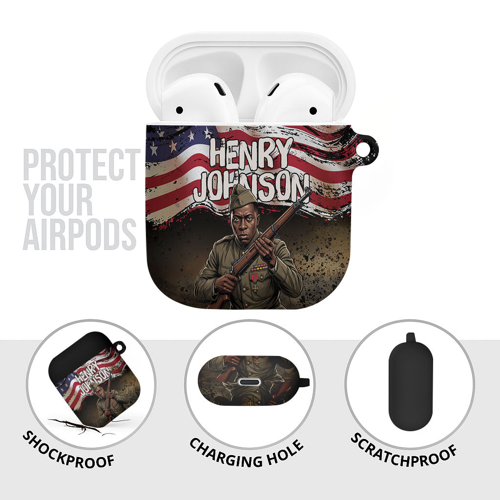 Henry Johnson Black History Month AirPods Case Distressed US Flag American Hero Portrait