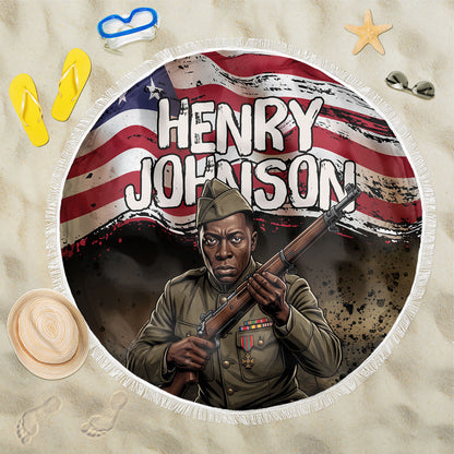 Henry Johnson Black History Month Beach Blanket Distressed US Flag American Hero Portrait