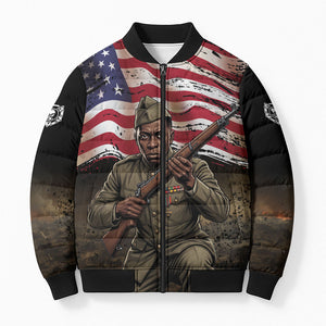 Henry Johnson Black History Month Bomber Puffer Jacket Distressed US Flag American Hero Portrait