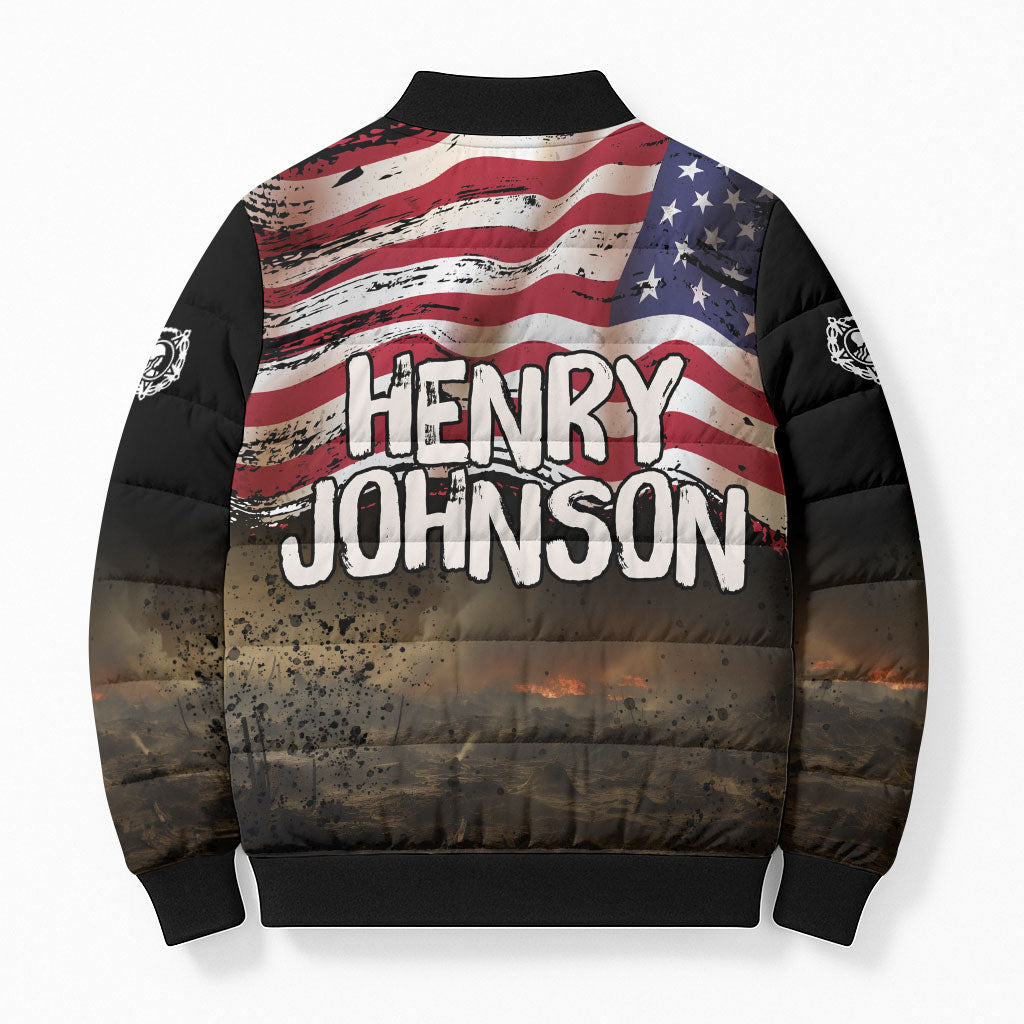 Henry Johnson Black History Month Bomber Puffer Jacket Distressed US Flag American Hero Portrait