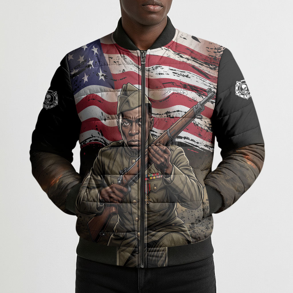 Henry Johnson Black History Month Bomber Puffer Jacket Distressed US Flag American Hero Portrait