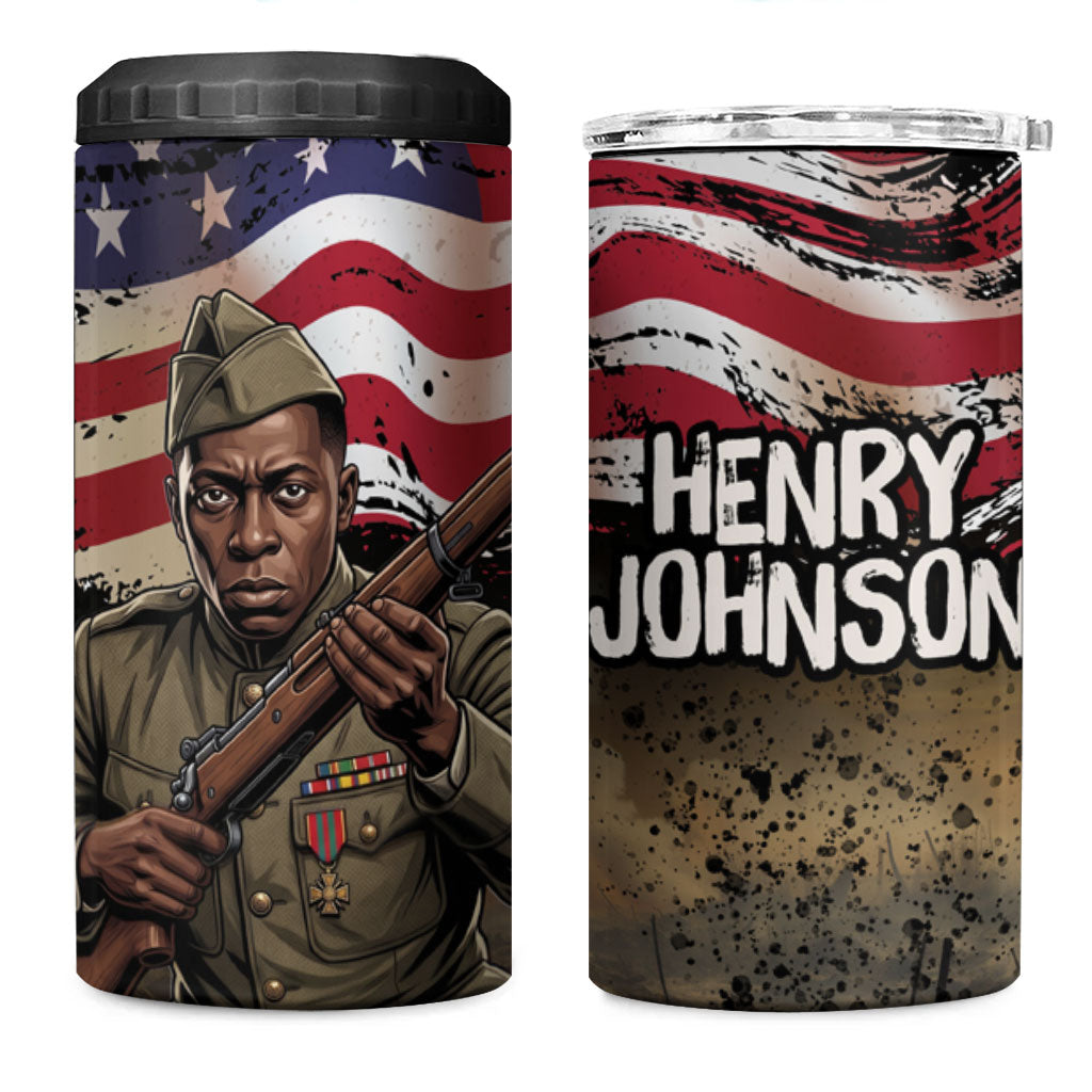 Henry Johnson Black History Month 4 in 1 Can Cooler Tumbler Distressed US Flag American Hero Portrait