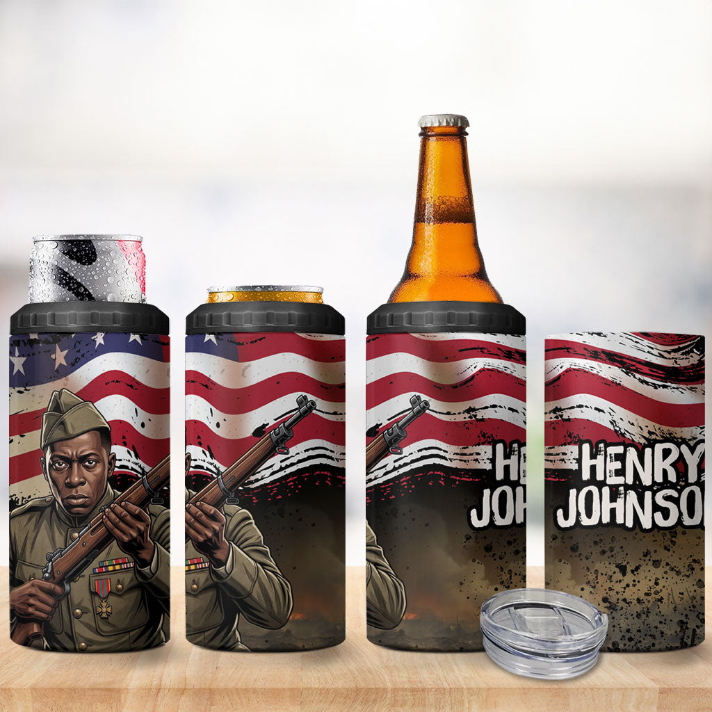Henry Johnson Black History Month 4 in 1 Can Cooler Tumbler Distressed US Flag American Hero Portrait