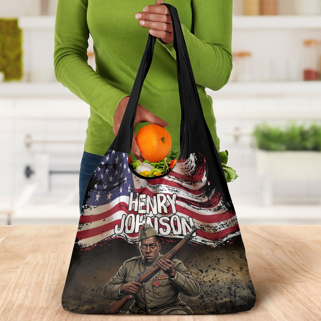 Henry Johnson Black History Month Grocery Bag Distressed US Flag American Hero Portrait