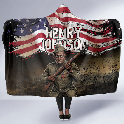 Henry Johnson Black History Month Hooded Blanket Distressed US Flag American Hero Portrait