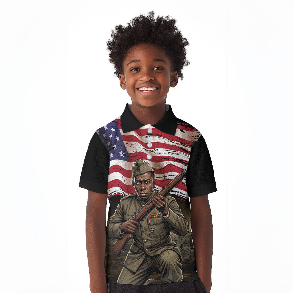 Henry Johnson Black History Month Kid Polo Shirt Distressed US Flag American Hero Portrait